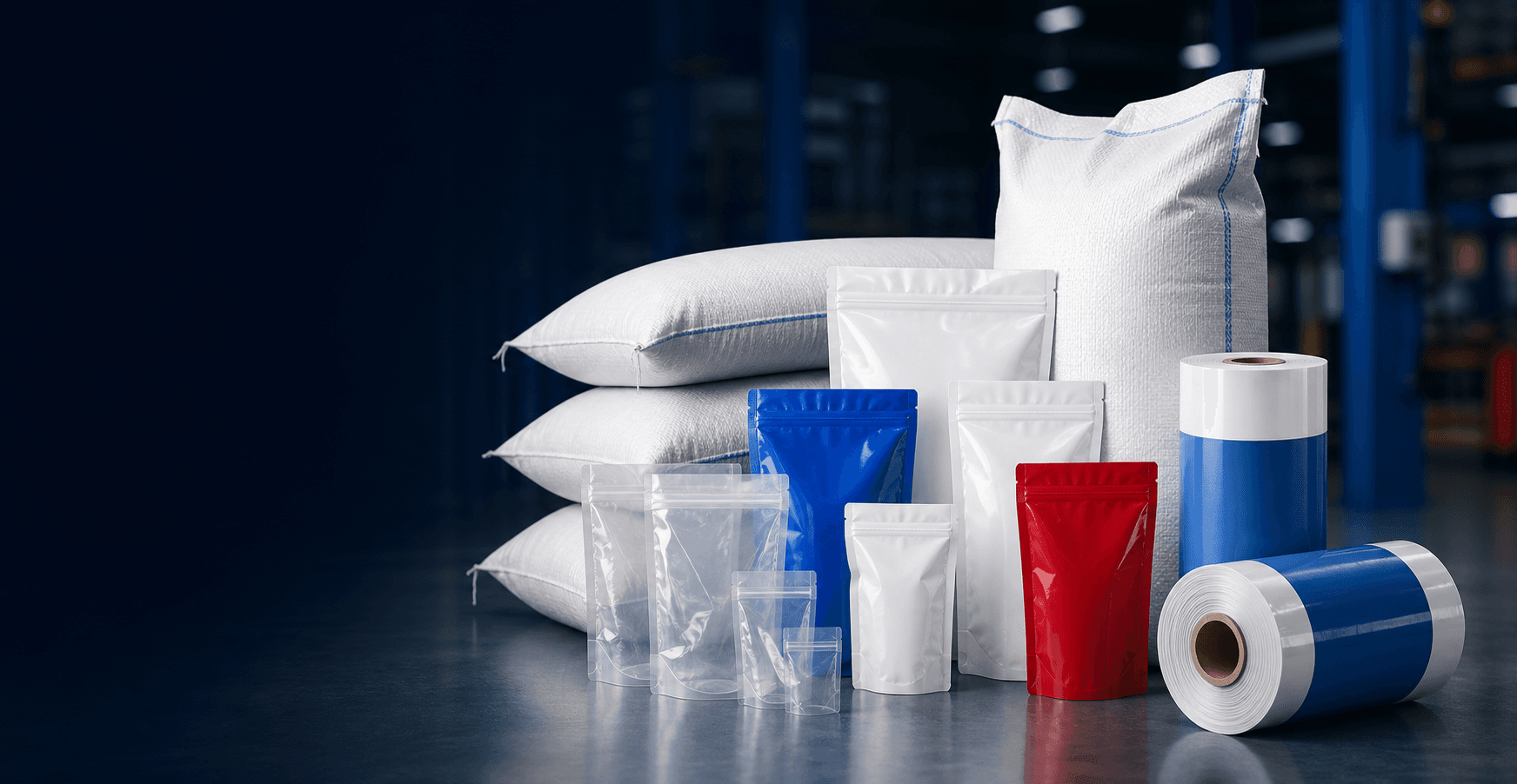 Flexible packaging products arranged in a clean industrial setting
